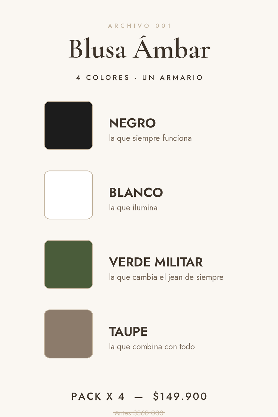 Blusa Ámbar en negro, blanco, verde militar y taupe